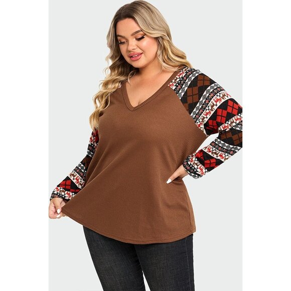 V-Neck Geometric Patchwork Knit Long Sleeve Blouse - Picture 1 of 3